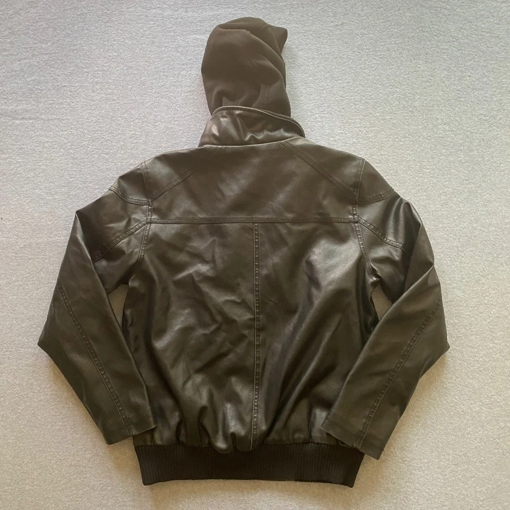Guess Mens Faux Brown Leather Bomber Jacket Black Hooded Bib Layered Coat Medium